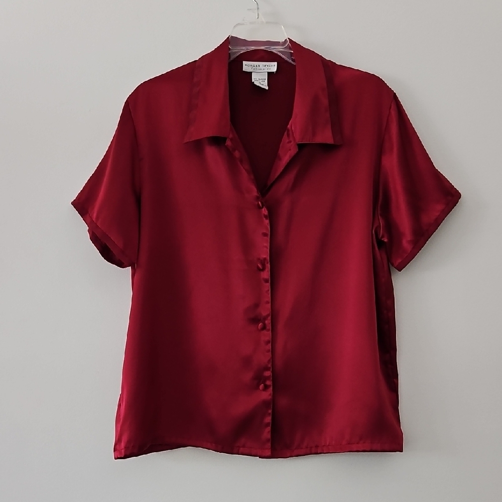 Morgan Taylor Intimates Cherry Red Satin Button Up Lounge Top Pajama Size Medium